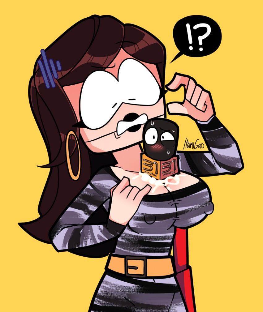 !? 1boy 1boy1girl 1girls 2025 31_minutos 5_fingers accidental_cumshot alternate_version_available belt big_breasts big_eyelashes big_eyes big_nipples black_lipstick brown_hair cartoony cel_shading cleavage clenched_teeth cum cum_on_breasts dress earrings ejaculation embarrassed eyelashes female genderswap_(mtf) grossed_out highlights_(coloring) how humanoid itamigao light-skinned_female light_skin living_object logo long_hair looking_down male mico_el_micofono microphone mouthless nipples_visible_through_clothing no_background non-human noseless policarpo_avendaño puppet purse self_upload signature simple_background spanish_text sweat sweating text text_bubble thick_cum toony trans_woman unwanted_cumshot wig yellow_background