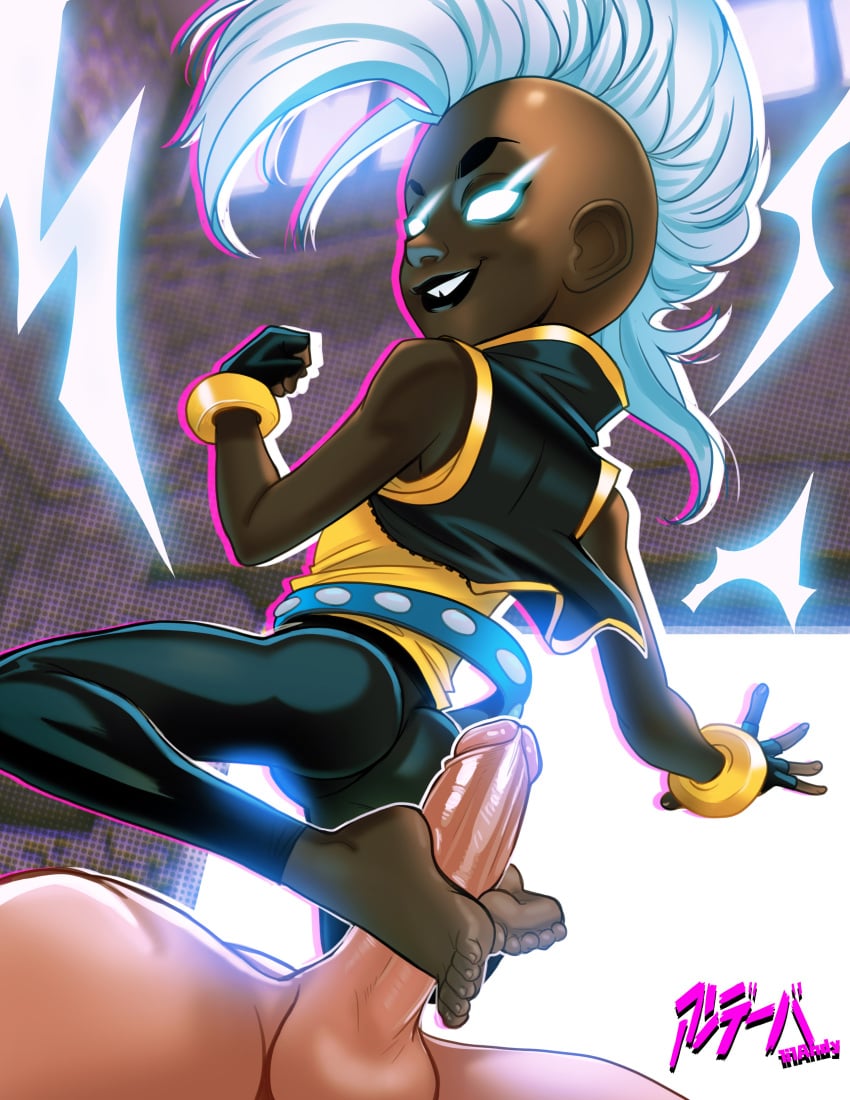 1boy absurdres andava balls black_jacket black_pants blank_eyes clothed_female_nude_male dark-skinned_female dark_skin female footjob highres interracial jacket male marvel mohawk nude open_clothes open_jacket pants penis shirt sleeveless sleeveless_jacket sleeveless_shirt storm_(x-men) straight testicles two-footed_footjob very_dark_skin white_hair x-men yellow_shirt