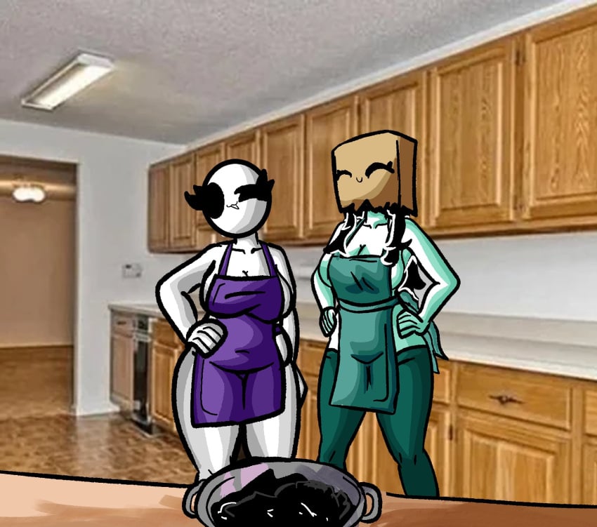 2girls apron apron_only bald bald_female black_eyes breasts burnt_food chetoh chubby chubby_female claire_(chetoh) cleavage egg female female_only food green_apron green_stockings hand_on_hip height_difference kitchen naked_apron oc original original_character pan paper_bag paper_bag_on_head photo_background purple_apron rose_(chetoh) smile smiling smiling_at_viewer stockings white_body wink winking_at_viewer