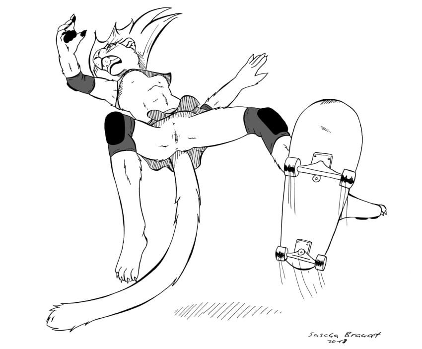 anthro bottomless clothed clothing feline female ink invalid_tag lionclaw1 mammal monochrome nude pussy skateboard sport