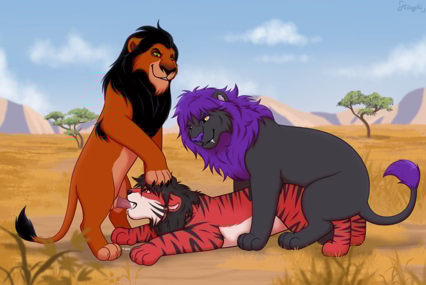 absurd_res anal anal_sex animal_genitalia animal_penis black_body black_fur black_mane bodily_fluids canon_x_oc cum cum_in_mouth cum_inside digital_drawing_(artwork) digital_media_(artwork) disney ejaculation fan_character fangs fangs_on_penis felid feline fellatio feral feral_on_feral feral_penetrating fiyahligerrawr fur gangbang genital_fluids genitals group group_sex hi_res hybrid liger lion male male/male mammal mane miuyki multicolored_body multicolored_fur oral pantherine penetrated_male_penetrating penetration penile penis purple_mane red_body red_fur savanna scar scar_(the_lion_king) sex side_view spiked_penis spikes spikes_(anatomy) striped_body striped_fur stripes tail tail_brush tail_tuft teeth the_lion_king trio tuft