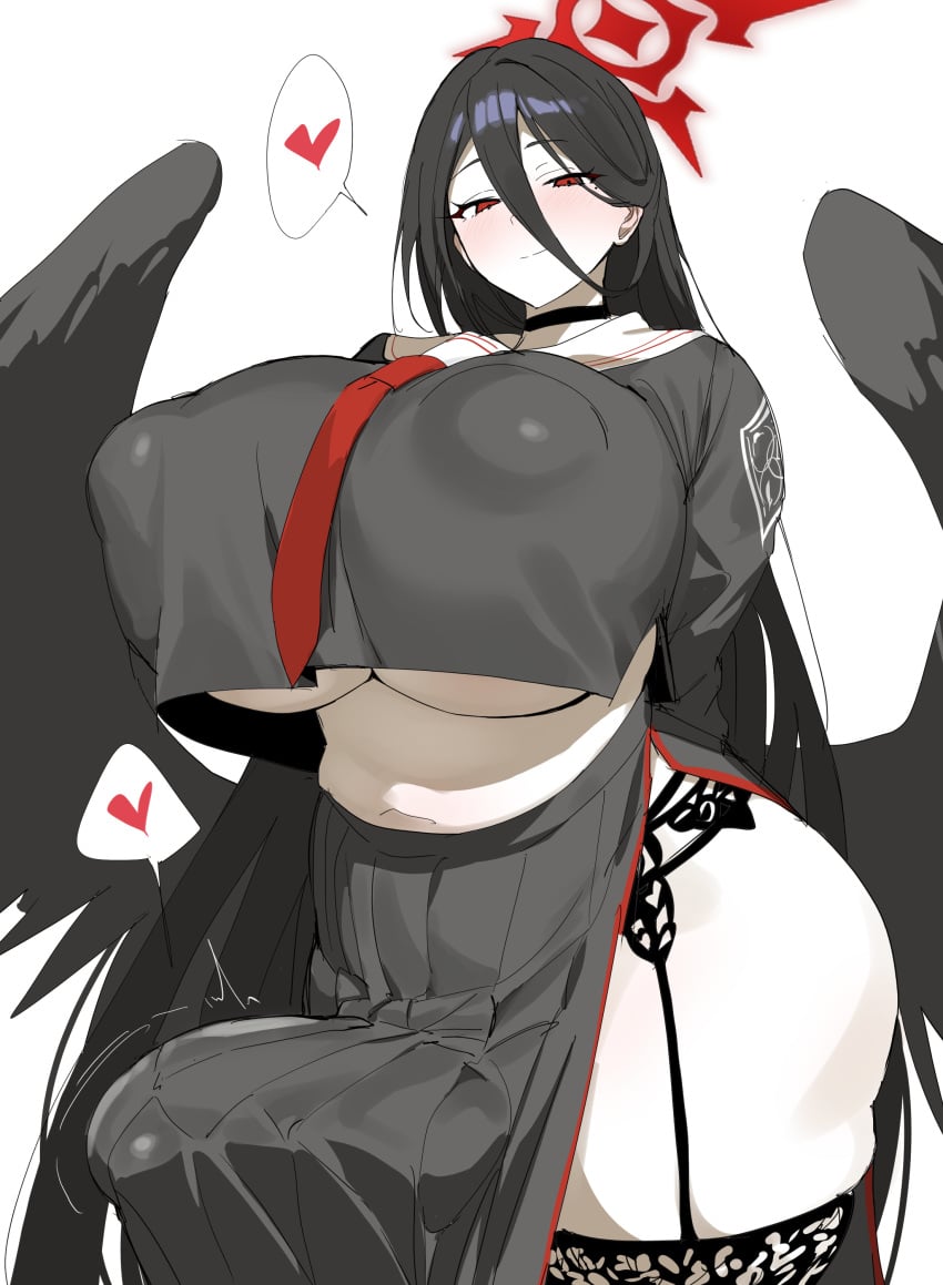 1futa absurdres black_hair black_serafuku black_wings blue_archive breasts bulge covered_nipples erection erection_under_clothes female futanari hair_between_eyes halo hasumi_(blue_archive) heart highres huge_breasts long_hair looking_at_viewer red_eyes red_halo school_uniform serafuku simple_background smile solo spoken_heart tenting thick_thighs thighs underboob white_background wings xipa