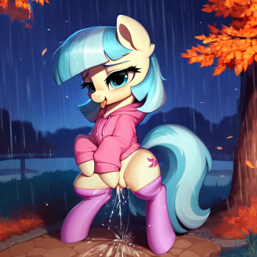 ai_generated blue_eyes blue_hair coco_pommel coco_pommel_(mlp) cutie_mark earth_pony equid equine eyelashes female female_only feral feral_only friendship_is_magic fur hasbro horse looking_at_viewer mammal my_little_pony pony pussy_juice solo stockings sweater tan_body tan_fur tree