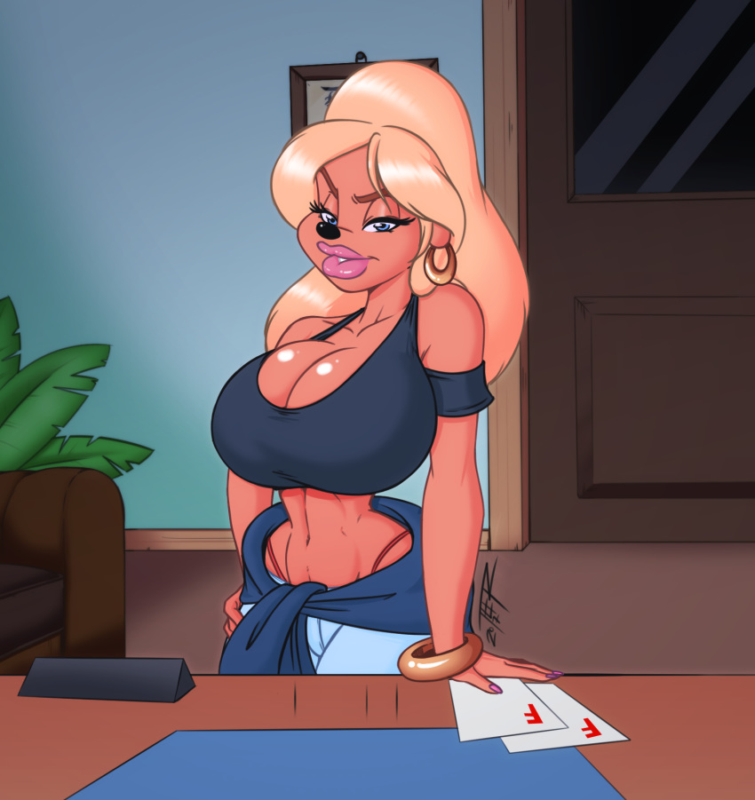 a_goofy_movie anthro big_breasts big_lips breast_implants breasts cleavage clothed clothing colored desk diploma disney door ear_piercing female female_only goof_troop hand_on_hip hi_res huge_breasts lips lipstick lisa_(a_goofy_movie) makeup midriff piercing seductive solo teer thong whale_tail