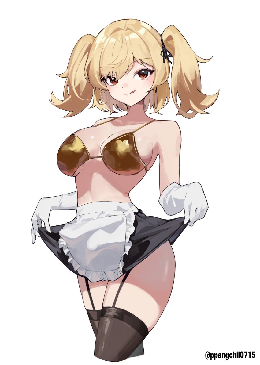 apron,maid bikini,golden bikini,red breasts,licking commentary,highres,absurdres costume,apron,bikini,bikini eyes,short garter gloves,commentary,symbol-only hair,skirt,skirt lips,maid,maid maid,white only,black out,twintails,unconventional ppangchil,zenless skirt,black skirt,large straps,black straps,gloves,gold thighhighs,breasts,enmaided,garter top tug,solo,stomach,swimsuit,thighhighs,thighs,tongue,tongue week,high-waist white,1girl,alternate zero,burnice zone