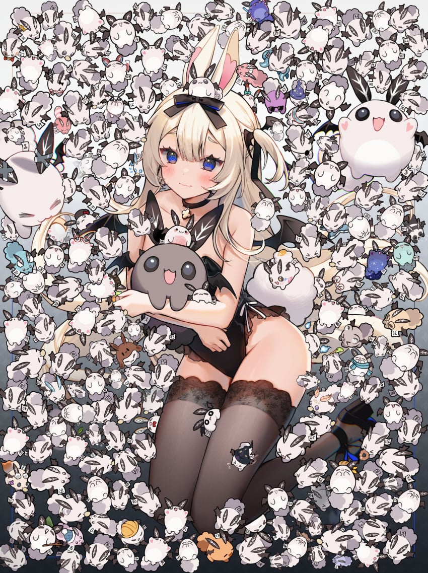 ahoge animal_ears bare_shoulders bird blonde_hair blue_eyes blush bow bunnysuit chick choker closed_mouth female hair_between_eyes hairband hairbow holding long_hair looking_at_viewer lying on_side ribbon smile solo tail thighhighs vyugen yenko yenkoes
