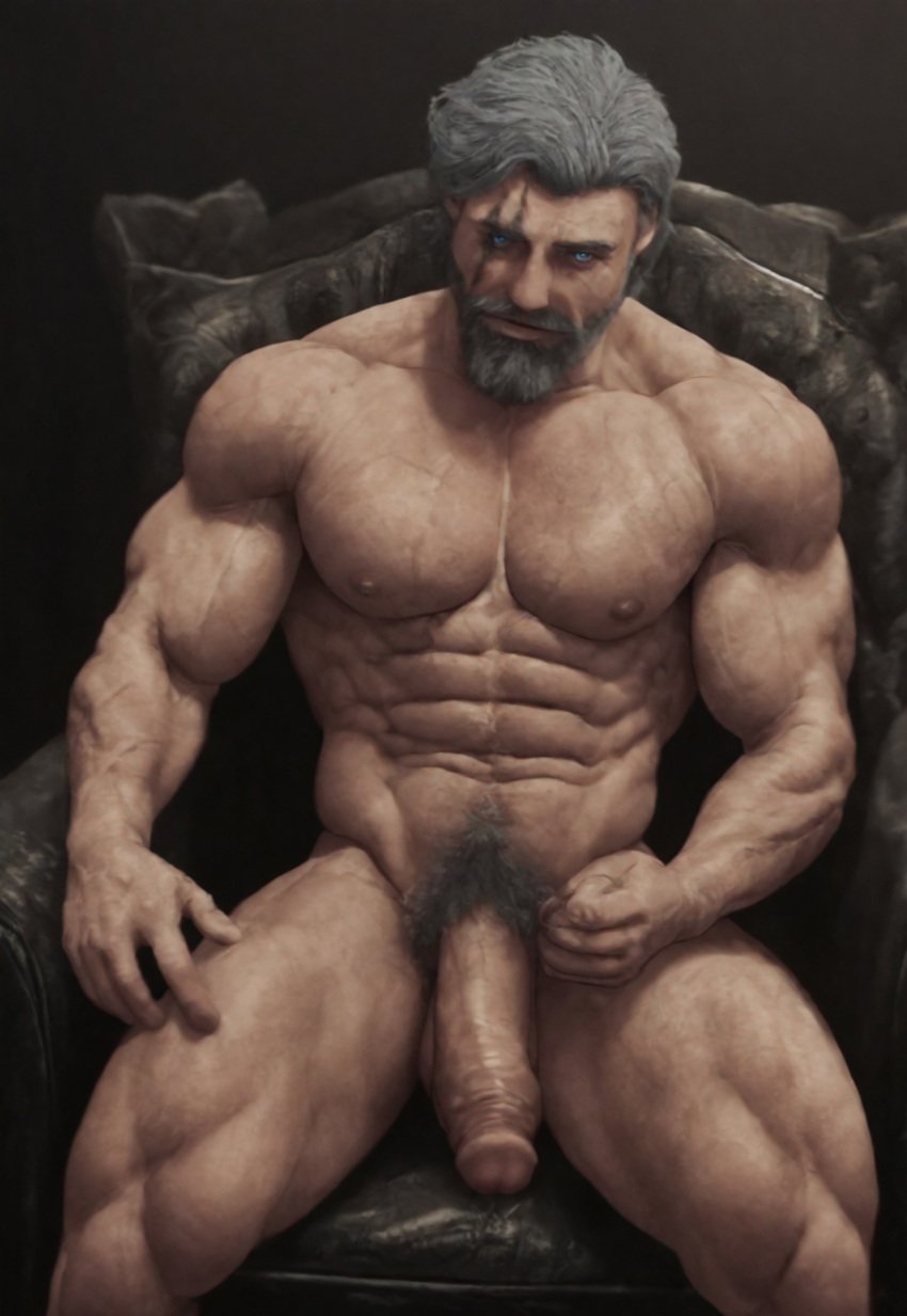 ai_generated big_penis blue_eyes clair_obscur:_expedition_33 completely_nude daddy father grey_hair light-skinned_male looking_at_viewer male muscular muscular_male nipples nude old_male penis pubic_hair renoir_(clair_obscur:_expedition_33) scar solo solo_male