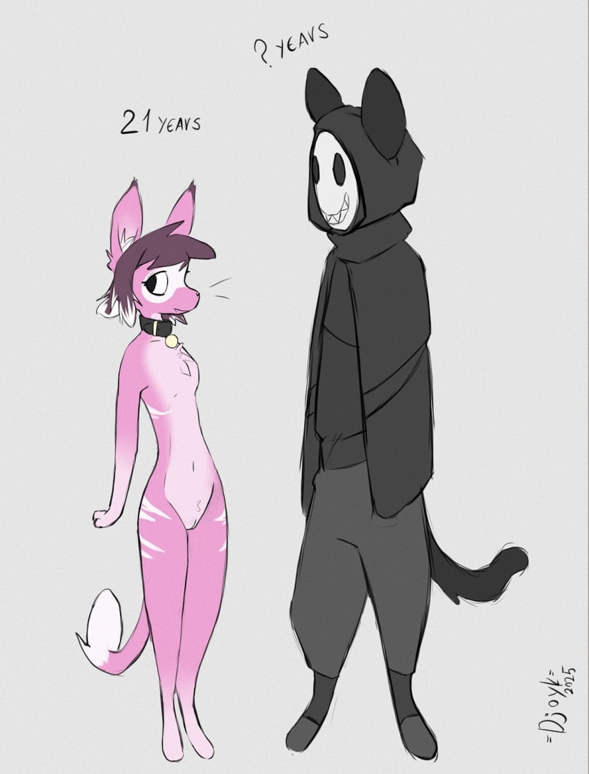 =djoyk= anthro black_clothing black_dress breasts clothing collar dress duo felid feline female flat_chested hi_res lynx male male/female mammal mask monster pink_body skinny slim_legs small_(disambiguation) small_breasts