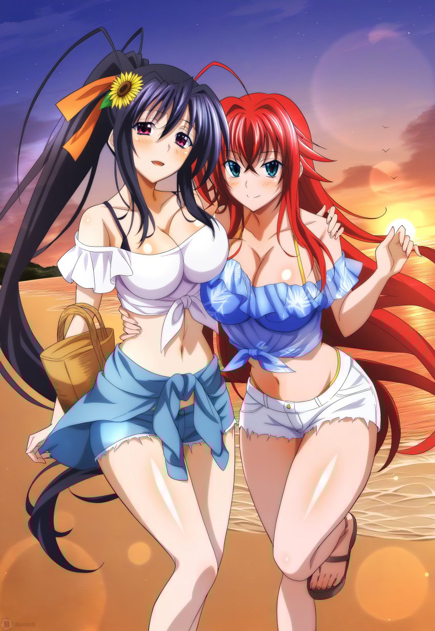 2girls ai_generated akeno_himejima antenna_hair bag beach big_ass_(female) big_breasts black_hair_female blush crimson_hair_female crop_top crossed_bangs curvy_females female females_only hair_ribbon high_ponytail high_school_dxd hotpants huge_ahoge hugging_each_other hugging_partner hugging_waist lesbian_couple lesbians light-skinned_female loose_hair muaver_ai orange_ribbon outdoors rias_gremory sandals sky_blue_eyes smile sunflower sunflower_hair_ornament sunset thick_thighs very_long_hair_female very_long_ponytail violet_eyes voluptuous_female wide_hipped_female yuri