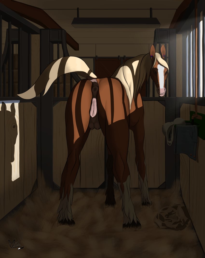 absurd_res animal_genitalia animal_pussy anus clothing clothing_aside draft_horse ear_piercing equid equine facial_piercing female feral genitals hay hay_bale hi_res hooves horse inside inviting mammal mel_vixen_(artist) nose_piercing piercing pussy raised_tail shire solo stable tail transformation