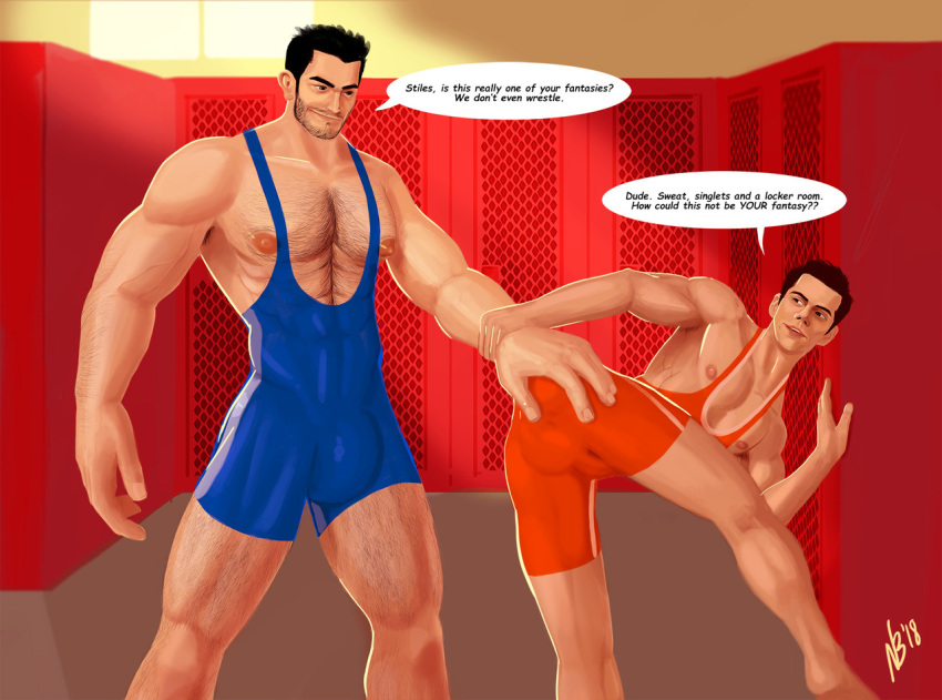 2boys bara big_dom_small_sub bulge derek_hale hairy_chest locker_room male_only muscular ski stiles_still teen_wolf wrestler wrestling_outfit wrestling_singlet