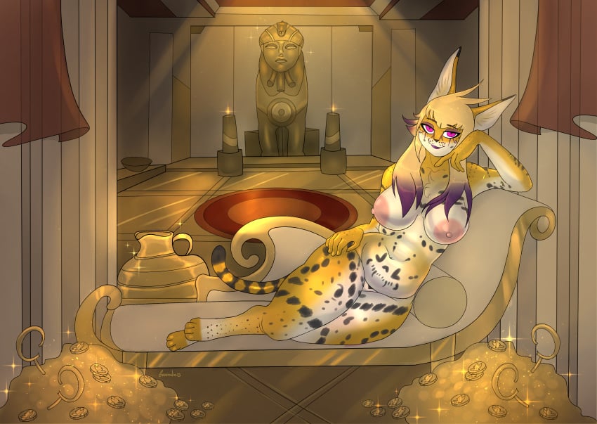 absurd_res anthro areola arm_support bedroom_eyes big_areola big_breasts blonde_hair breasts curvy_figure egyptian felid feline female fur furgonomics genitals greenzlie hair hand_on_hip hi_res leaning_on_elbow lying mammal markings nachita_the_serval narrowed_eyes nipples nude on_side pharaoh pink_nipples purple_eyes purple_hair pussy queen queen_basatet royalty rug seat seductive serval slightly_chubby solo spots spotted_markings tail treasure treasure_hoard voluptuous white_body white_fur wide_hips yellow_body yellow_fur