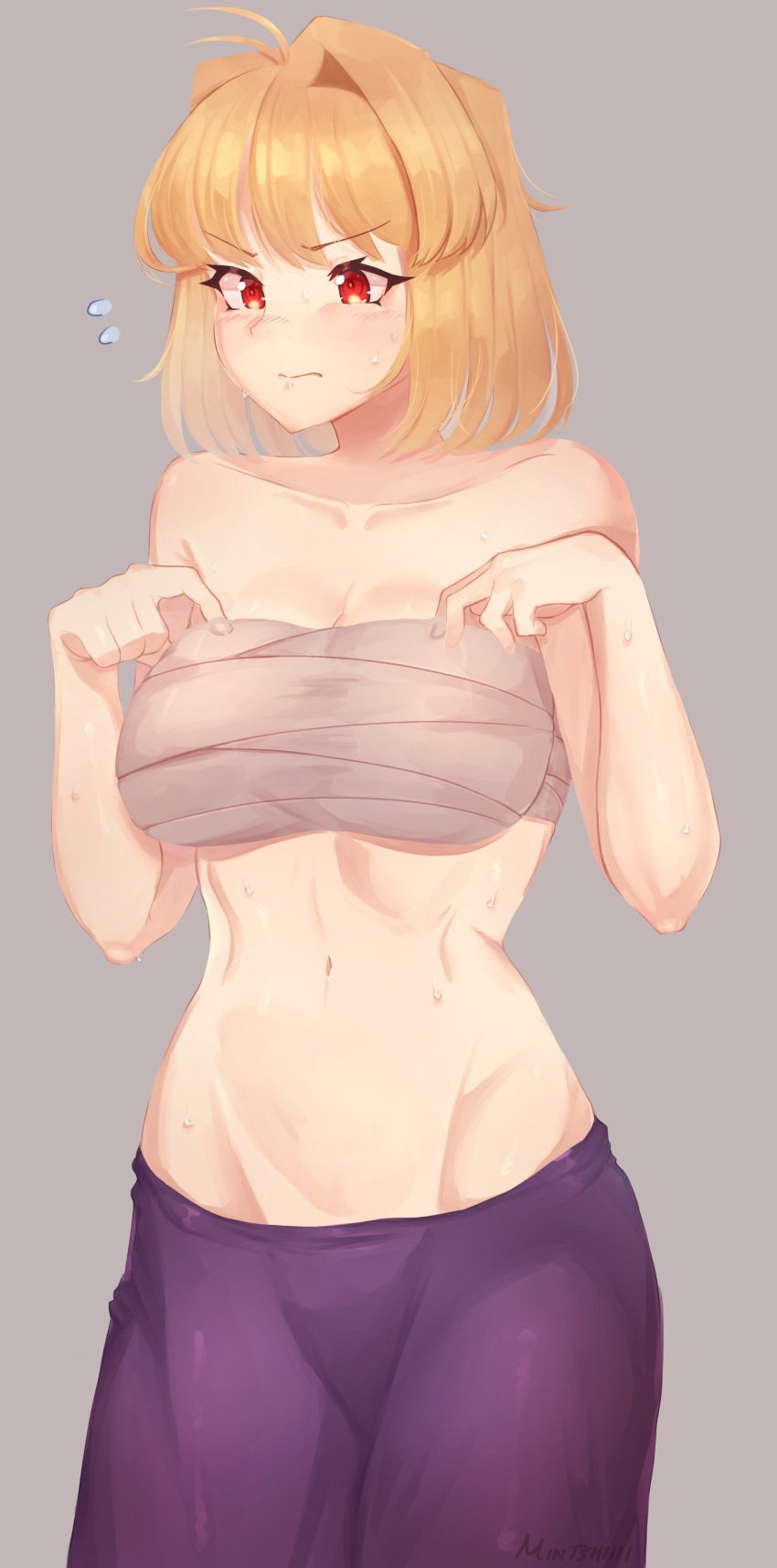 1girls arcueid_brunestud bandage bandaged_breasts bandaged_chest belly big_breasts blonde_hair blush cleavage enormous_breasts large_breasts melty_blood no_panties purple_skin red_eyes short_hair skirt struggling sweat tsukihime tummy wide_hips wrapped_breasts wraps