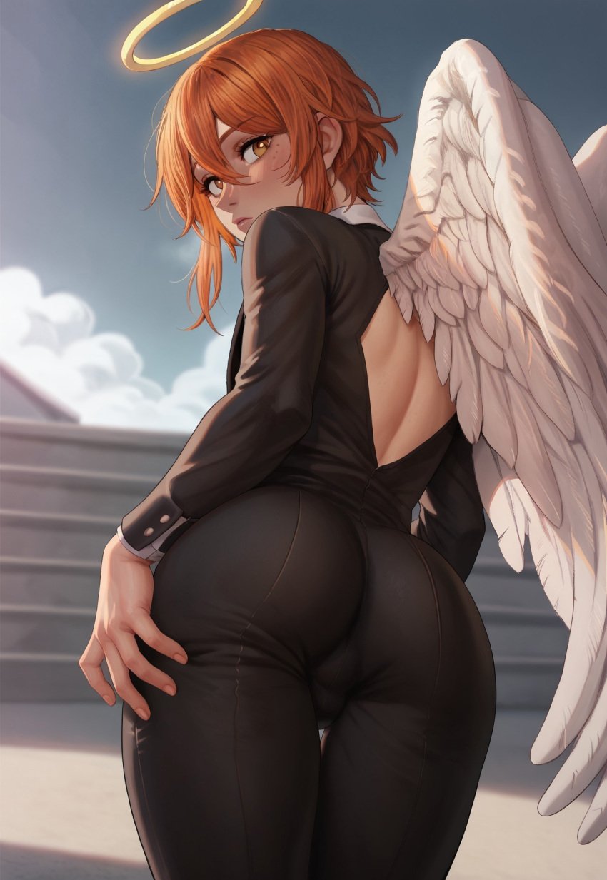 1boy 1femboy 2024 ai_generated alternate_version_available angel angel_devil_(chainsaw_man) angel_wings ass balls big_ass blush brunoarend0 chainsaw_man femboy feminine_male girly halo looking_at_viewer looking_back male outdoors outside pants penis simple_background solo testicles thighs trap wings