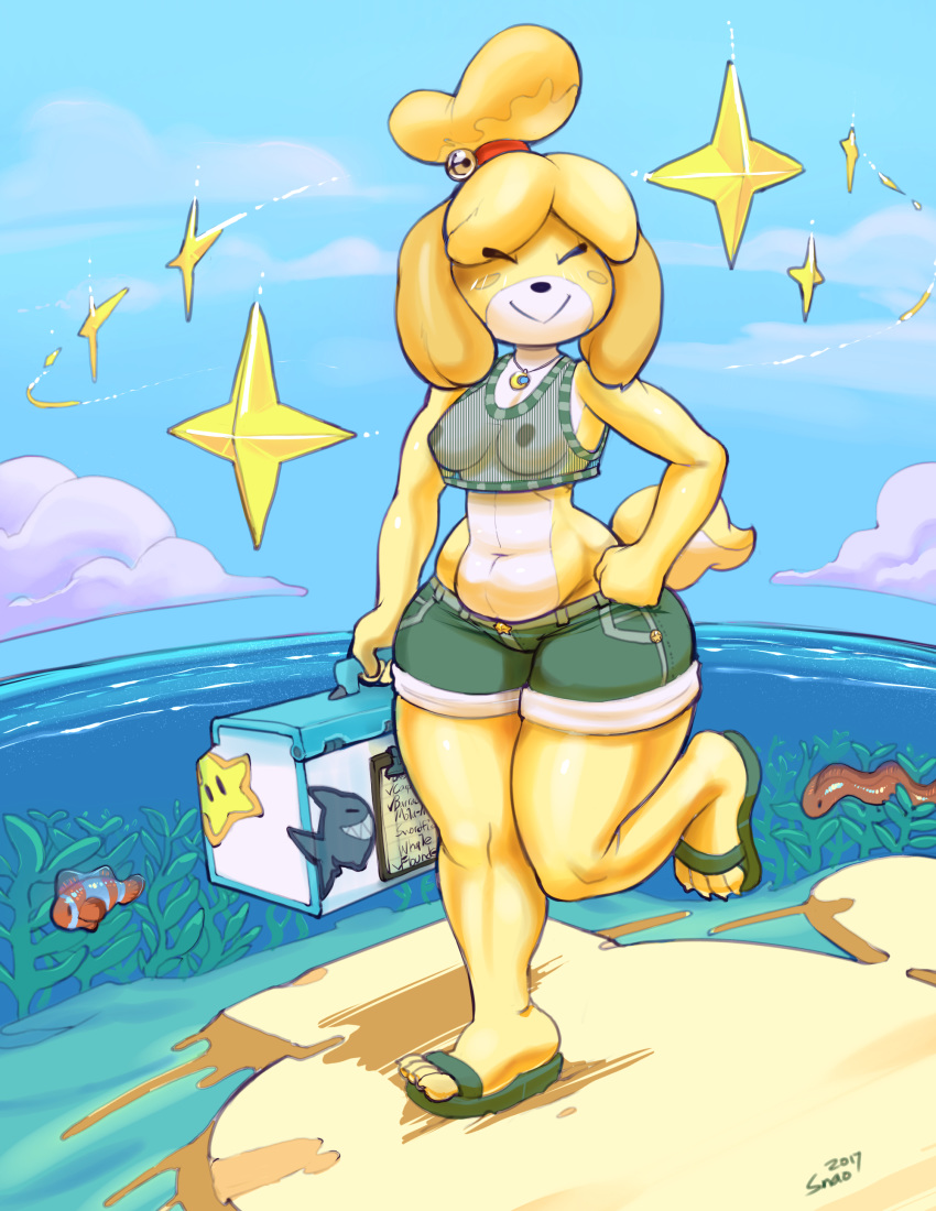 2017 4_fingers absurd_res animal_crossing anthro areola blush breasts canine canine clothed clothing clownfish eel female fish footwear fur hair hand_on_hip hi_res isabelle_(animal_crossing) mammal marine midriff navel nintendo nipples one_leg_up outside sandals sea seaside shih_tzu shorts sky smile snao solo thick_thighs video_games water wide_hips yellow_fur