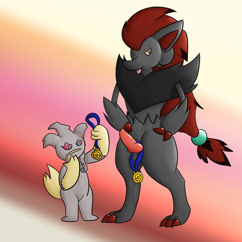 1boy 1girls 2018 aiden_laninga animal_genitalia animal_penis anthro banette canine claws confusion digital_media_(artwork) duo erection female flat_chest fox fur furry ghost knot male male_pokemon male_zoroark mammal medal mia_perella neksu nintendo original_character penis pokémon_(species) pokemon pokemon_(species) pokemon_bw pokemon_mystery_dungeon pokemon_rse pussy testicles tongue tongue_out video_games wanderlust zoroark