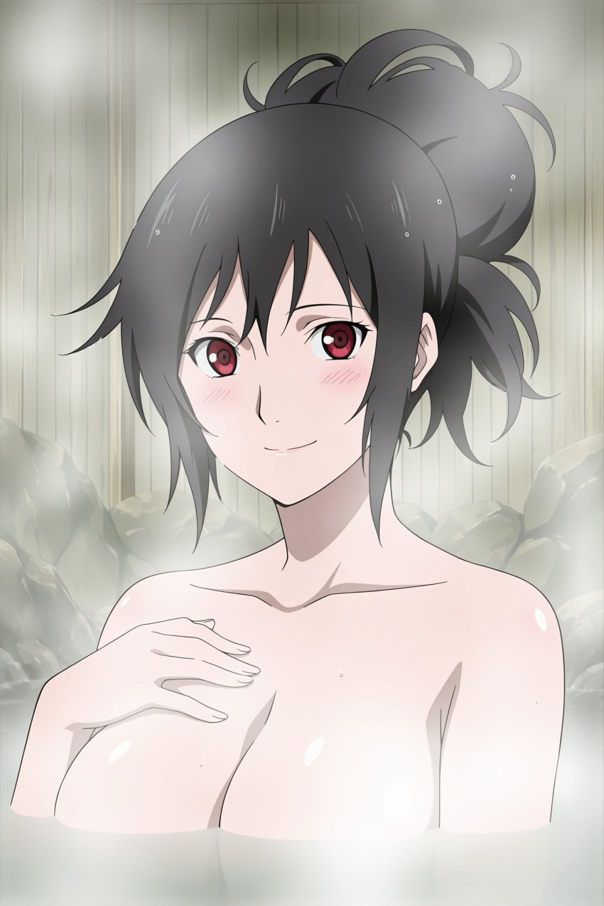 1girls ai_generated alternate_hairstyle bangs big_breasts black_hair blush breasts busty calm completely_nude covered_nipples female female_only functionally_nude hair_bun hand_on_chest highres hot_spring in_water indoors kurenai_yuhi large_breasts long_hair looking_at_viewer mature mature_female metalchromex milf naked_towel naruto naruto_(classic) naruto_(series) naruto_shippuden nude nude_female official_alternate_hairstyle onsen oppai parted_bangs partially_submerged red_eyes relaxing sitting smile smiling smiling_at_viewer solo solo_focus steam tied_hair voluptuous water
