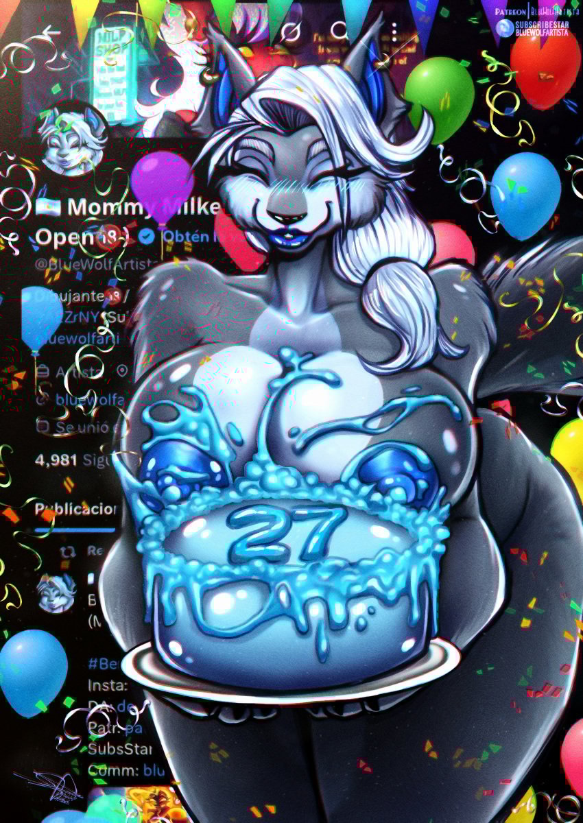 anthro big_breasts birthday birthday_cake blue_fur blue_nipples bluebell_(bluewolfartista) bluewolfartista breasts cake closed_eyes fan_character female furry grey_fur happy_birthday huge_breasts massive_breasts milf mother-in-law nipples nipples_outside oc original_character simple_background white_hair wolf wolf_girl