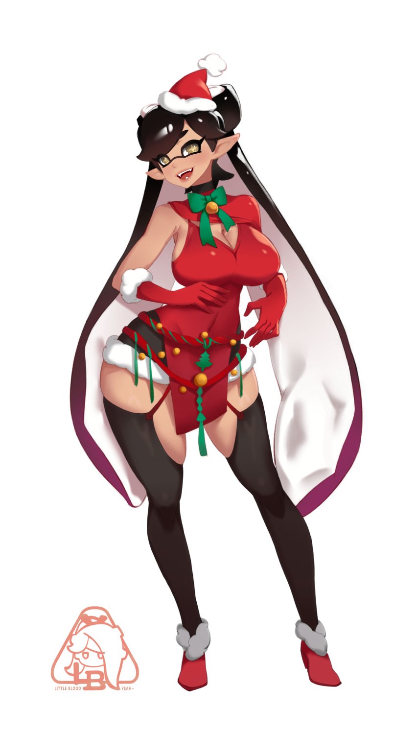 1girls breasts callie_(splatoon) christmas christmas_outfit cleavage covered_navel female gloves large_breasts little_blood long looking_at_viewer open_mouth red_gloves simple_background splatoon thick_thighs thighhighs thighs white_background