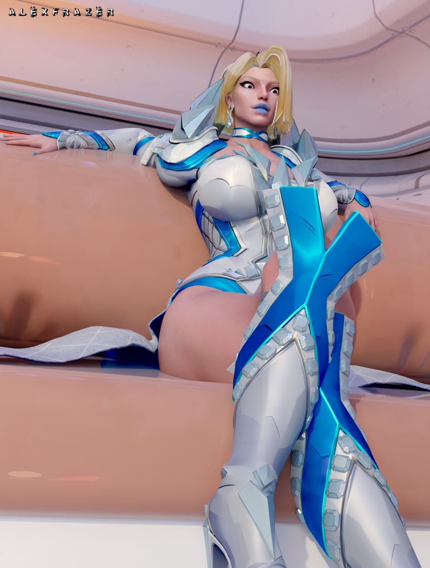 3d alexfrazer blonde_female blonde_hair blue_lipstick bob_cut crossed_legs emma_frost emma_frost_(marvel_rivals) light-skinned_female light_skin lipstick marvel marvel_rivals sfw sitting solo_female thick_thighs