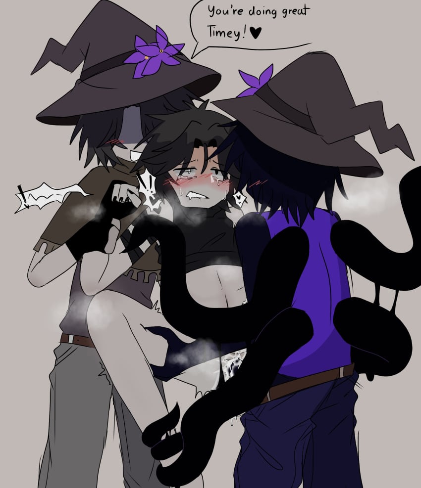 1other 2boys anal_penetration anal_sex azure_(forsaken) blush cum_in_ass cum_inside forsaken_(roblox) nonbinary_(lore) praise tagme tears tentacles two_time_(forsaken) witch_hat
