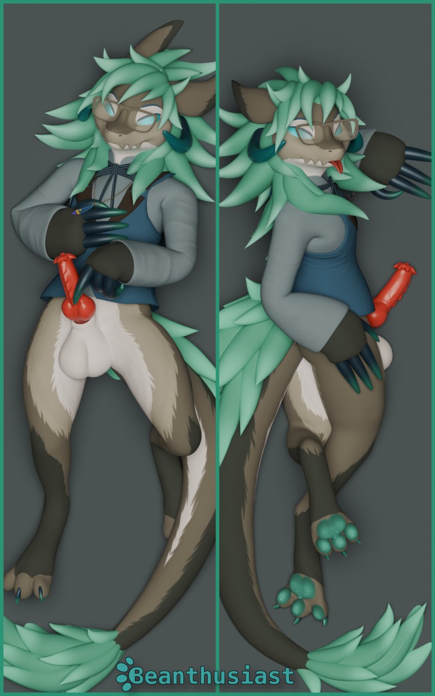 3d_(artwork) 5:8 accessory animal_genitalia animal_penis anthro asher_sterling ass balls beanthusiast bedroom_eyes big_balls biped blender_(artwork) blue_horn bottomless bottomless_anthro bottomless_male bow_(feature) bow_accessory bow_ribbon claws clothed clothing curling_tail curling_toes dakimakura dakimakura_design digital_media_(artwork) digitigrade erection eyewear feather_necklace feet finger_on_penis flared_penis fur genitals glasses hair half-closed_eyes hand_on_belly hand_on_butt hand_on_chest hi_res hindpaw horn jagged_mouth jewelry knot knotted_penis long_sleeve_shirt looking_at_viewer lying male maleherm_(lore) narrowed_eyes necklace nubbed_penis on_back on_side partially_clothed pawpads paws penis presenting presenting_penis seductive sheath shirt shirt_only simple_background smile spread_legs spread_toes spreading tail teal_hair teal_pawpads toe_claws toes topwear topwear_only touching_penis vein veiny_penis vest wearing_glasses wickerbeast