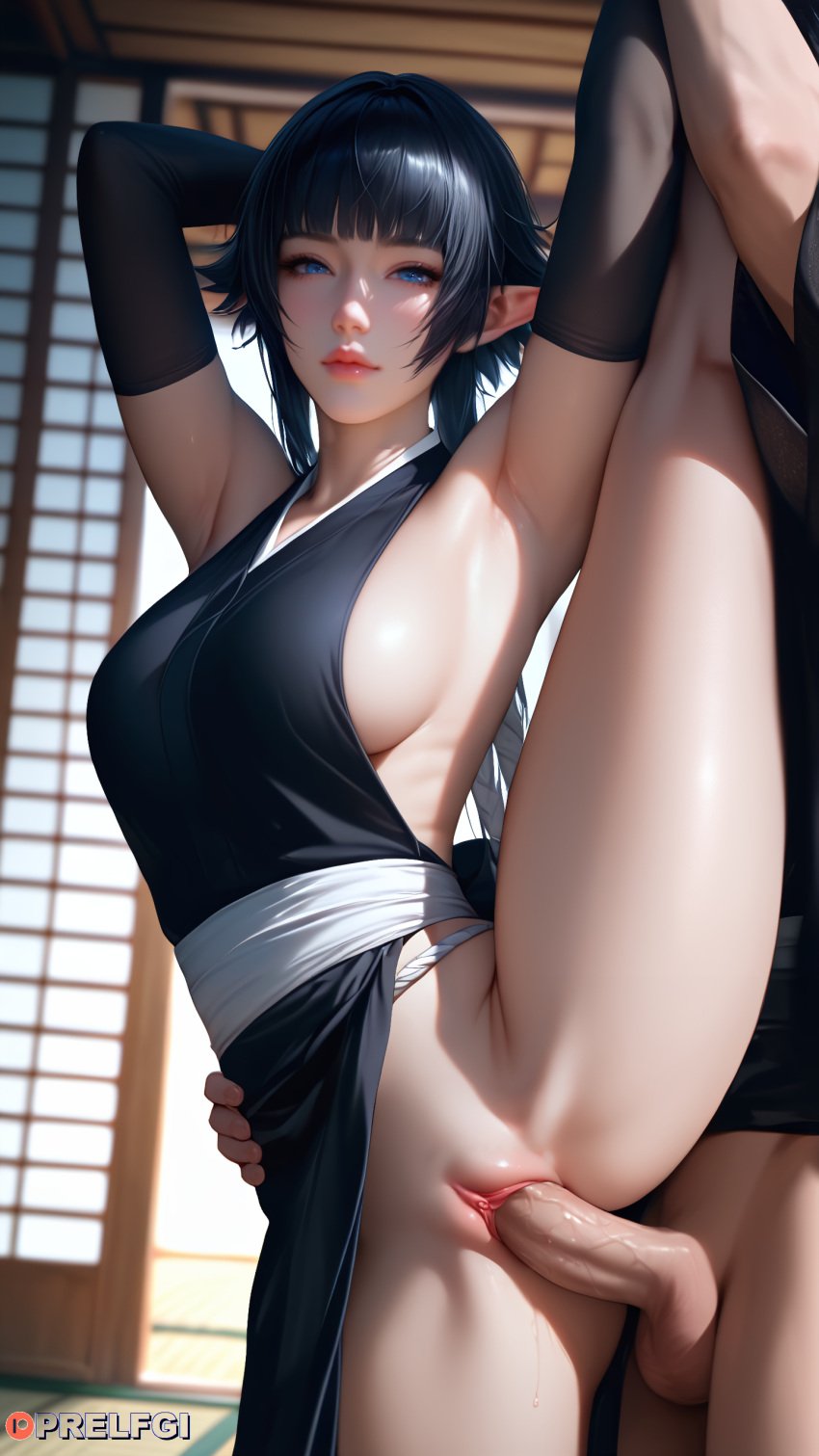 1girls ai_assisted ai_generated armpit ass backless_outfit big_ass big_breasts black_hair bleach blue_eyes blush braids clitoris cosplay elf elf_ears elf_female elf_girl female female_focus half-closed_eyes high_resolution highres long_hair looking_at_viewer partially_clothed patreon penis penis_in_pussy perky_breasts pointy_ears prelfgi pussy self_upload semi_nude sideboob slim slim_waist soifon standing_on_one_leg standing_sex standing_split sui-feng tatami thighs vaginal_penetration vulva
