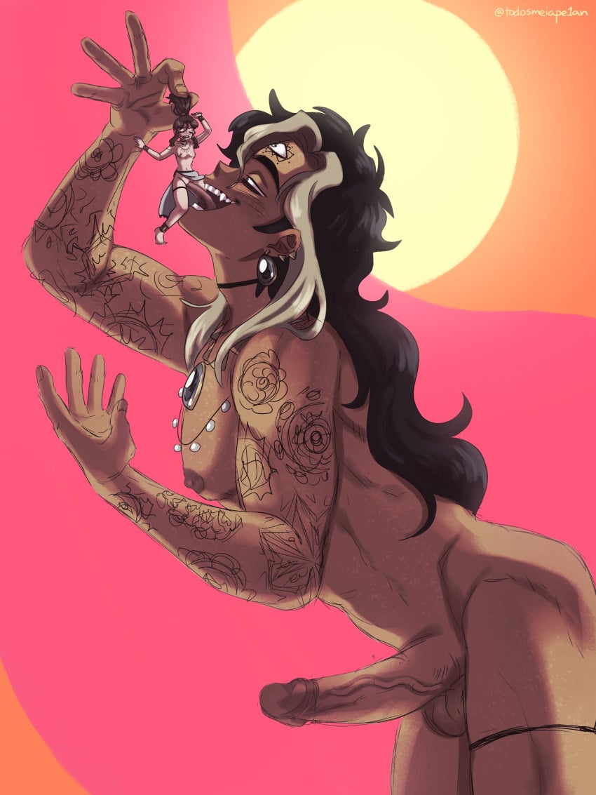 1boy 1girls bicolored_hair blush brown_hair cunnilingus dominant_male female giant giant_male god jewelry julia_lazarrett large_penis larger_male long_hair long_hair_male long_tongue macro male male/female male_focus marionetta naked petite sahed size_difference tanned tattoo three_eyes tiny_female todosmelapelan tongue tongue_out