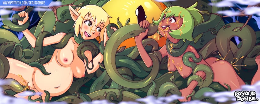 2girls amalia anal areolae artist_name ass big_breasts black_eye blonde_hair blush breasts consensual_tentacles cum cum_in_pussy cum_inside dark-skinned_female dark_skin dripping ejaculation elf evangelyne facial female grabbing green_eyes green_tentacles hair honey honey_on_breasts interspecies legs long_hair monster multiple_females multiple_girls navel nipples one_eye open_mouth penetration pointy_ears pregnant pussy red_eyes restrained sex skajrzombie spread_legs suspension tentacle tentacle_grab tentacle_monster tentacle_sex thighs tongue vaginal_penetration vine_insertion vines wakfu yellow_sclera