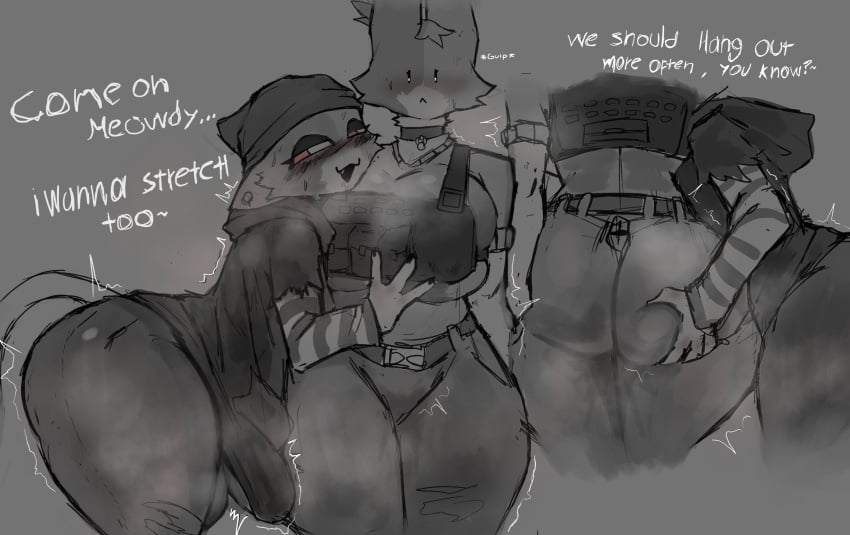 1futa 1girls anthro ass ass_bigger_than_head ass_grab ball_bulge balls beanie big_ass big_balls big_breasts big_butt big_penis bottom_heavy breasts breasts_bigger_than_head bubble_butt bulge cat_ears cat_tail cate_meowdy_(fortnite) choker clothing curvaceous curvy curvy_figure dialogue domestic_cat ear_piercing english_text epic_games erection erection_under_clothes feline female fortnite furry futanari fuzzycreature grey_background greyscale groping gulp hat huge_ass huge_breasts imminent_sex incest meow_skulls_(fortnite) monochrome mostly_clothed musk musk_clouds neckwear onomatopoeia open_mouth penis piercing sisters sketch steam steaming_body steamy_breath sweat sweating tactical_gear tail text thick_thighs throbbing_penis voluptuous voluptuous_female voluptuous_futanari wide_hips