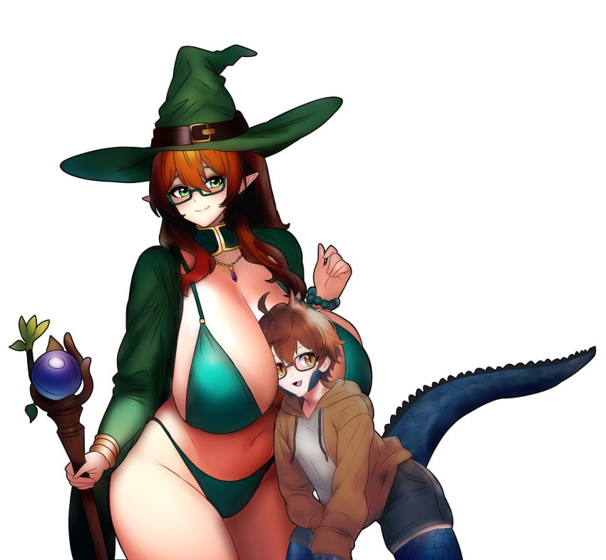 1boy 1girls :p age_difference between_breasts big_breasts bikini blue_scales boob_window breasts brown_hair brown_haired_glasses_elf_(houtengeki) chorquistudios collar dinosaur elf elf_ears elf_female female glasses golden_bracelets green_bikini happy head_between_breasts huge_breasts looking_at_viewer magic magic_user magic_wand male mating mature_female mature_male milf monster_boy raptor reptile reptile_humanoid reptile_tail size_difference smile smiling smiling_at_viewer standing witch_costume witch_hat