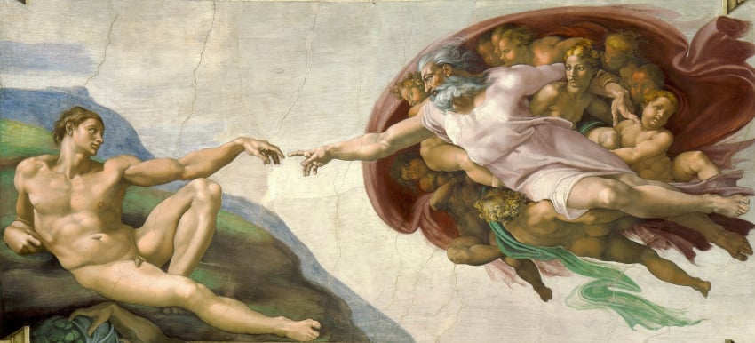 1500s 2boys adam_(the_bible) christianity creation_of_adam fine_art flaccid flaccid_penis god male michelangelo_(artist) multiple_boys muscular muscular_male nude_male_clothed_male yahweh