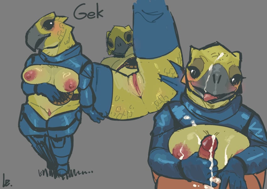 2025 absurd_res after_orgasm alien anthro areola armor beak big_breasts black_beak black_eyes blush bodily_fluids breast_rest breasts clitoral_hood clothing cum cum_on_breasts cum_on_face cum_on_hand digital_drawing_(artwork) digital_media_(artwork) el-k eyelashes female genital_fluids genitals glans handjob hi_res humanoid humanoid_genitalia humanoid_penis humanoid_vulva ineffective_clothing leggings legs_up legwear looking_at_viewer lying male male/female nipples penile penis presenting presenting_vulva red_areola red_glans red_nipples red_vulva scales sex signature simple_background smile standing tan_body tongue tongue_out unconvincing_armor unknown_species vulva yellow_body yellow_scales