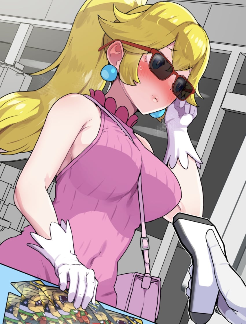 1girls big_breasts blonde_hair blue_eyes blush boris_(noborhys) bowser breasts female gloves large_breasts mario_(series) photo ponytail princess_peach purse sunglasses super_mario_bros.