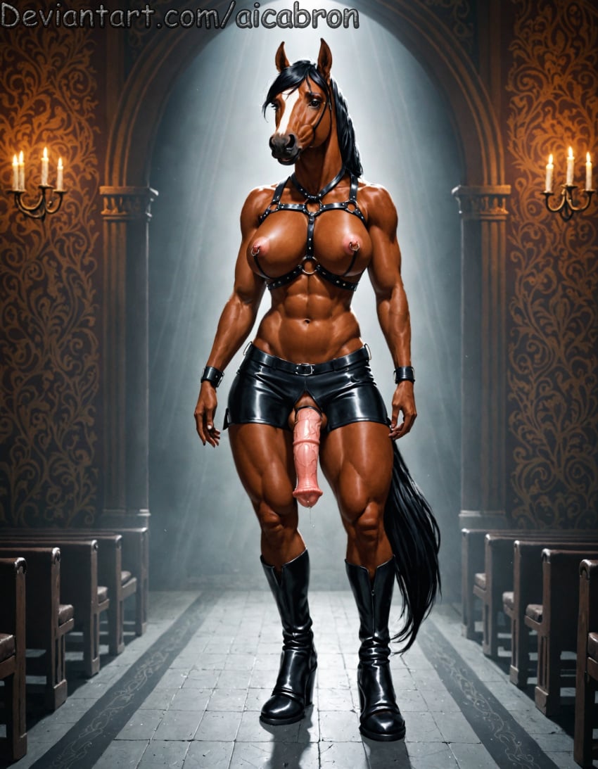ai_generated aicabron anthro balls busty cock_ring collar cuffs cumdrip dickgirl fit furry futanari harness horse intersex leather leather_harness mare muscled penis solo veiny_penis