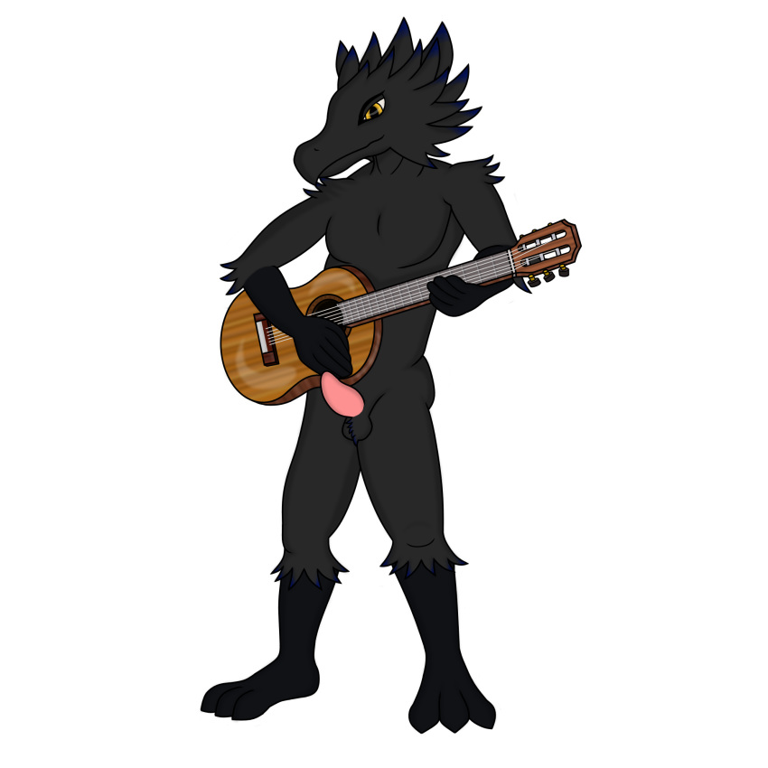 2018 3_toes acoustic_guitar alpha_channel anthro avian ball_tuft balls black_feathers digital_media_(artwork) dinosaur elbow_tufts erection feather_tuft feathered_dinosaur feathers guitar hi_res looking_at_viewer male male_only musical_instrument nude penis pink_penis plantigrade shaded shoulder_tuft simple_background smile solo standing tapering_penis thehuskyk9_(artist) toes transparent_background tuft watermark yellow_eyes