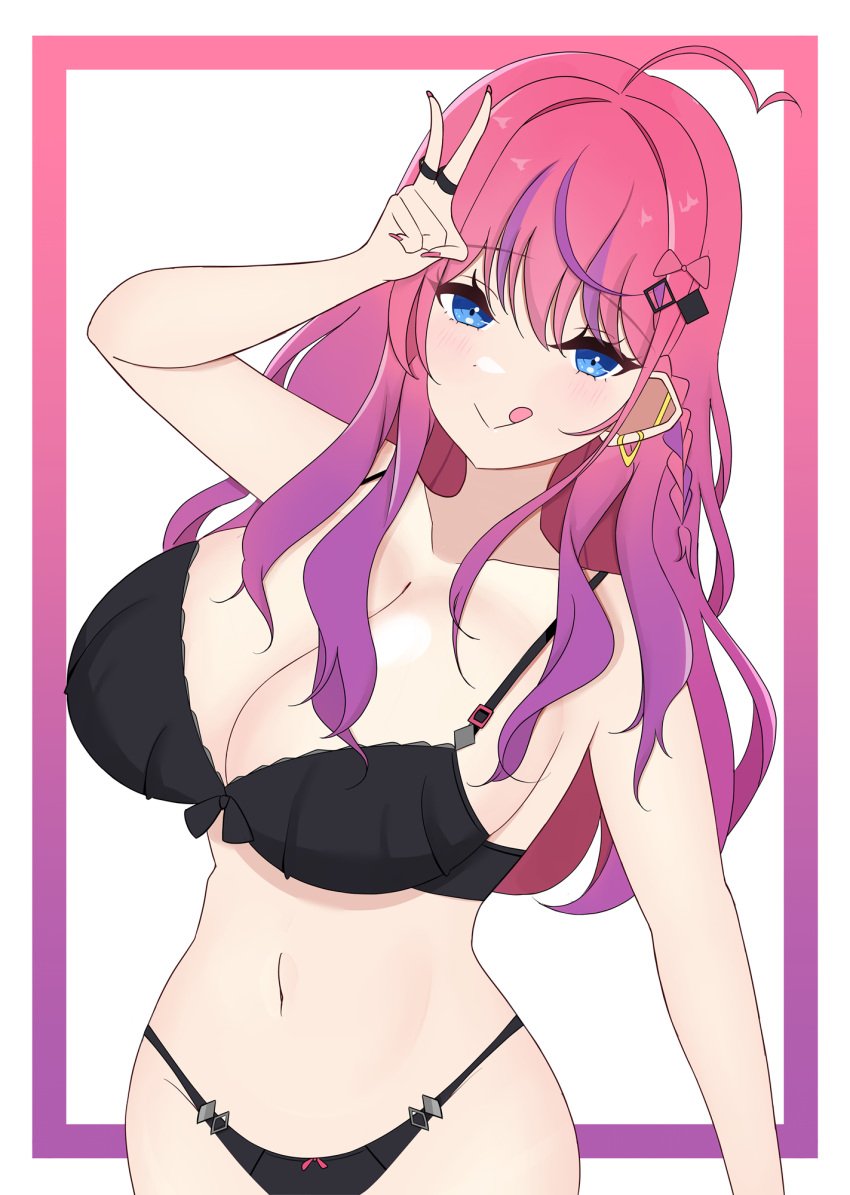 ahoge black_bra blue_eyes bra braid collarbone esttea female gradient_hair hair_ornament hair_ribbon hairclip highres idios jewelry kuramochi_meruto lingerie long_hair multicolored_hair nail_polish navel nijisanji panties pink_hair purple_hair red_hair ribbon ring underwear virtual_youtuber