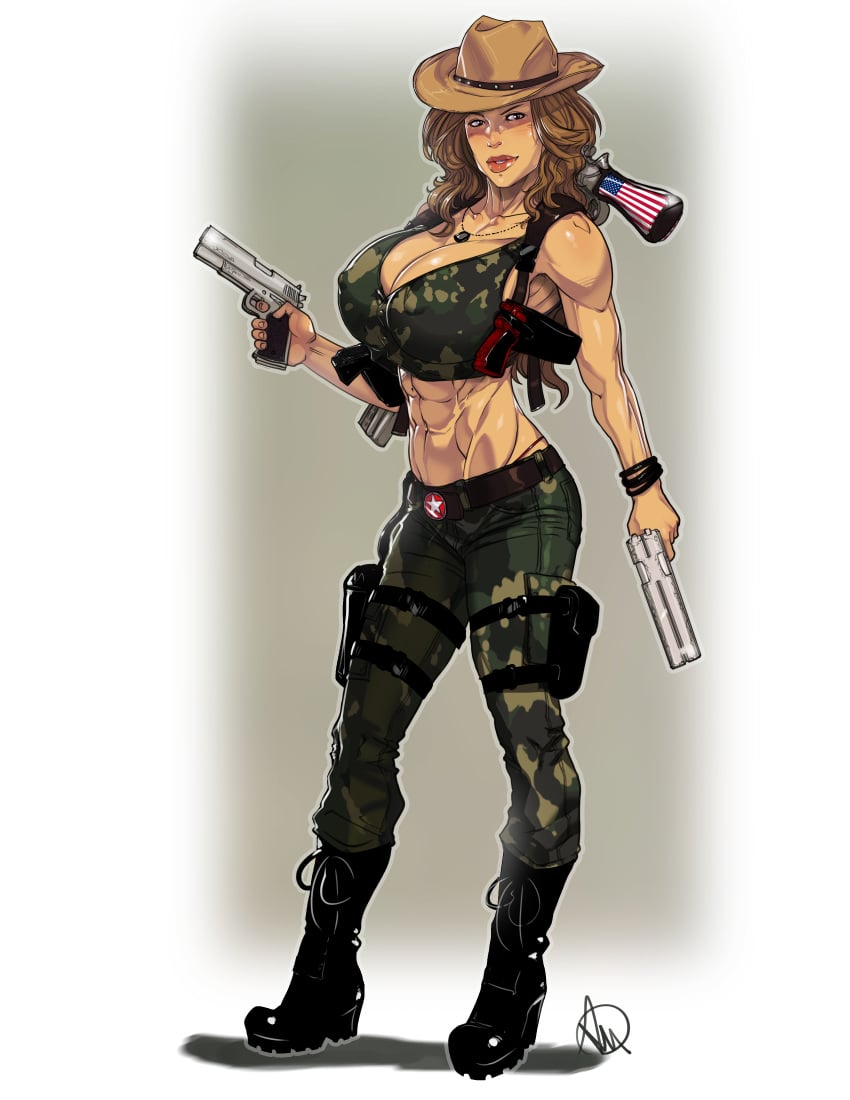 1girls abs absurd_res blonde_hair breasts cleavage clothed command_and_conquer cowboy_hat cowgirl female female_only ganassa gun hi_res huge_breasts military_uniform muscles muscular muscular_female pinup red_alert_(video_games) red_alert_3 solo solo_female tanya_adams