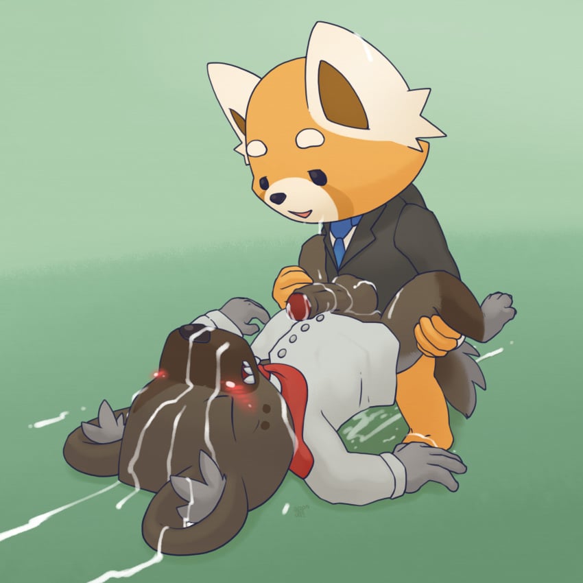 aggressive_retsuko anal anal_sex anthro anthro_on_anthro argon_vile balls barefoot blush bottomless closed_eyes clothed clothing cum cum_on_balls cum_on_ear cum_on_face cum_on_feet cum_on_ground cum_on_leg cum_on_penis erection fur haida humanoid_penis hyena lying male male_only mammal messy mostly_nude necktie on_back open_mouth orgasm penetration penis railing red_panda resasuke sanrio sex sharp_teeth shirt smile smooth_fur standing suit teeth tongue uncut yaoi