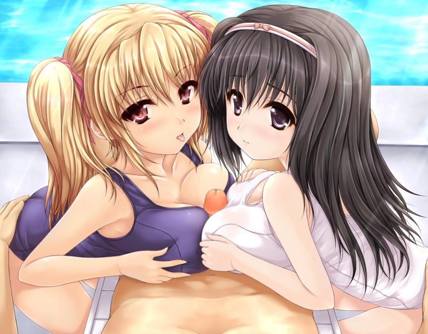 2girls :p ass ass_grab black_hair blonde_hair blush breast_press breast_rest breasts censored copyright_request double_paizuri female hair_ribbon hairband large_breasts long_hair male multiple_females multiple_paizuri one-piece_swimsuit outercourse paizuri paizuri_over_clothes penis pink_eyes pool pov purple_eyes red_eyes ribbon school_swimsuit smile straight swimsuit symmetrical_docking teamwork threesome tied_hair tongue twintails uni8 white_school_swimsuit