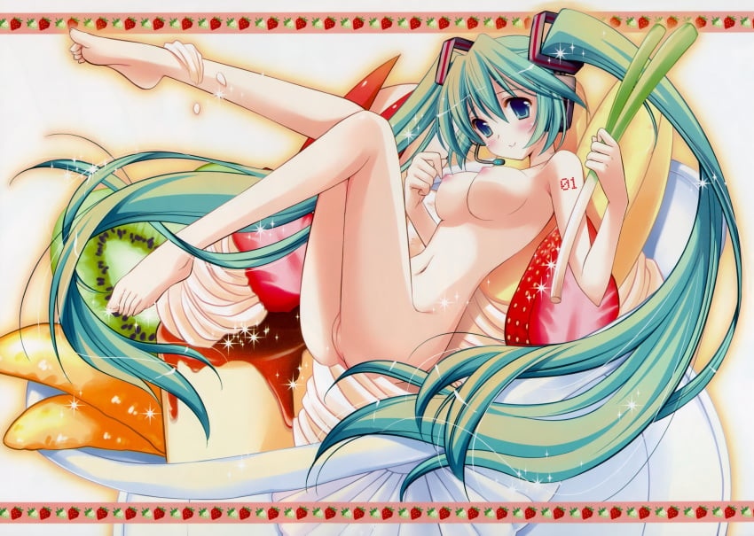 barefoot blue_eyes breasts feet female food fruit green_hair happy hatsune_miku high_resolution inugahora_an kiwifruit large_breasts leek long_hair navel nipples nude posing pussy smile solo sparkle spring_onion strawberries strawberry tied_hair twintails uncensored very_long_hair vocaloid whipped_cream