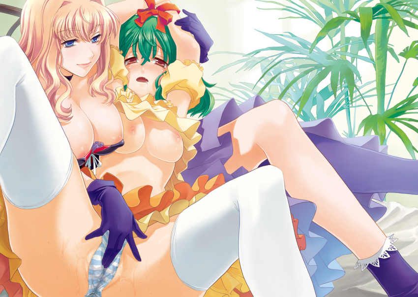 blonde_hair blue_eyes bound_hands bound_wrists breasts breasts_out choker clothing crotch_rub cute_fang erect_nipples female femdom fingering gloves green_hair joe_sage large_breasts macross macross_frontier medium_breasts multiple_girls nipples open_mouth panties pussy_juice ranka_lee sage_joh saliva sheryl_nome skirt stockings straight_hair striped striped_panties thighhighs underwear yuri