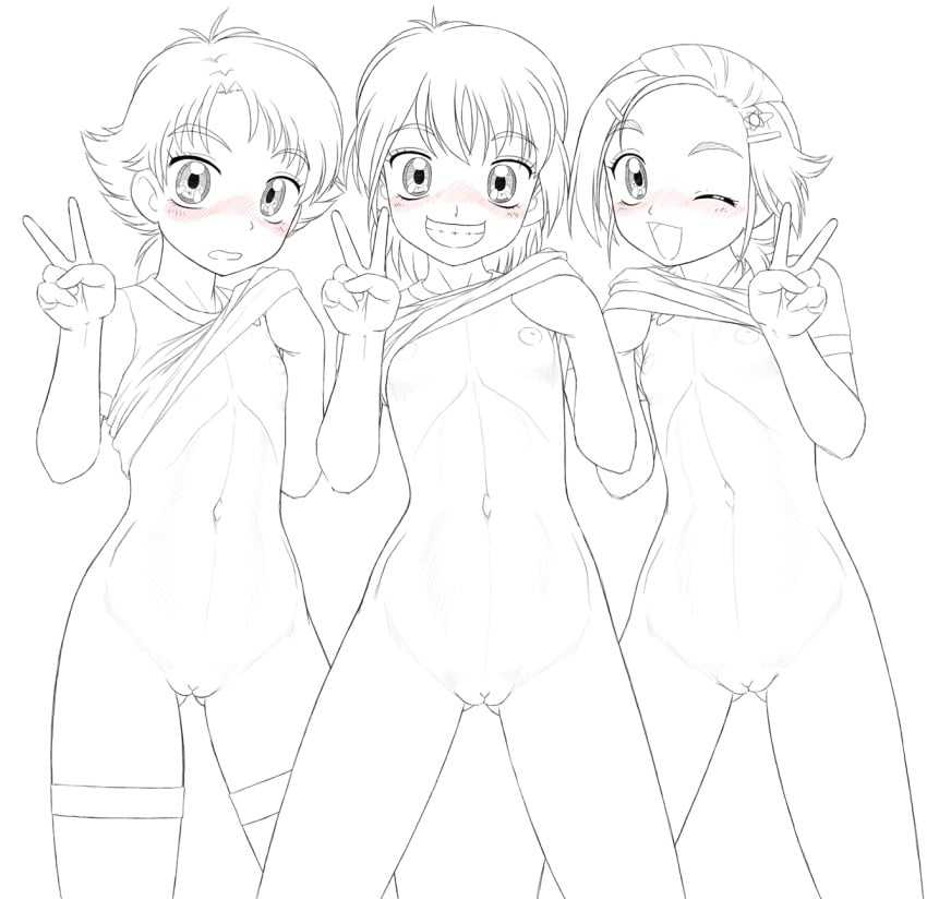 3girls blush bottomless clothing delica female female_only flat_chest futari_wa_precure futari_wa_precure_splash_star futari_wa_pretty_cure highres hyuuga_saki image misumi_nagisa monochrome natsuki_rin nipples no_bra no_panties precure pretty_cure pussy shirt shirt_lift stockings thighhighs uncensored v yes!_precure_5 yes!_pretty_cure_5