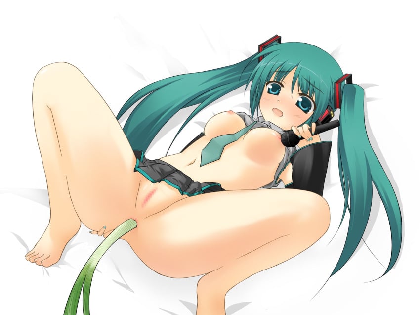 aqua_eyes aqua_hair barefoot breasts censored feet female green_eyes hatsune_miku headset high_resolution insertion microphone necktie negi_suppository nipples no_bra no_panties nude oozora_itsuki produce produce_dildo produce_in_ass produce_insertion pussy shirt_lift spread_legs spring_onion tied_hair twintails vegetable_dildo vegetable_in_ass vocaloid