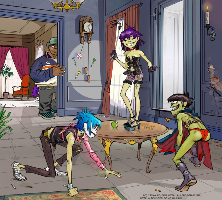 1girls 2d_(gorillaz) 3boys ass breasts choker cleavage collar dominatrix female gorillaz human irina_bolshakova male murdoc_niccals navel noodle_(gorillaz) russel_hobbs skimpy tagme upside_down_cross whip young