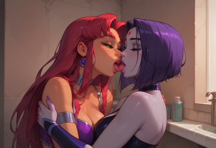 ai_generated ass bathroom breasts dc dc_comics grey_skin half-closed_eyes kissing large_breasts long_hair lovegwendolyn raven_(dc) red_hair sadtomato short_hair skimpy_clothes starfire teen_titans tongue tongue_kiss tongue_out yuri