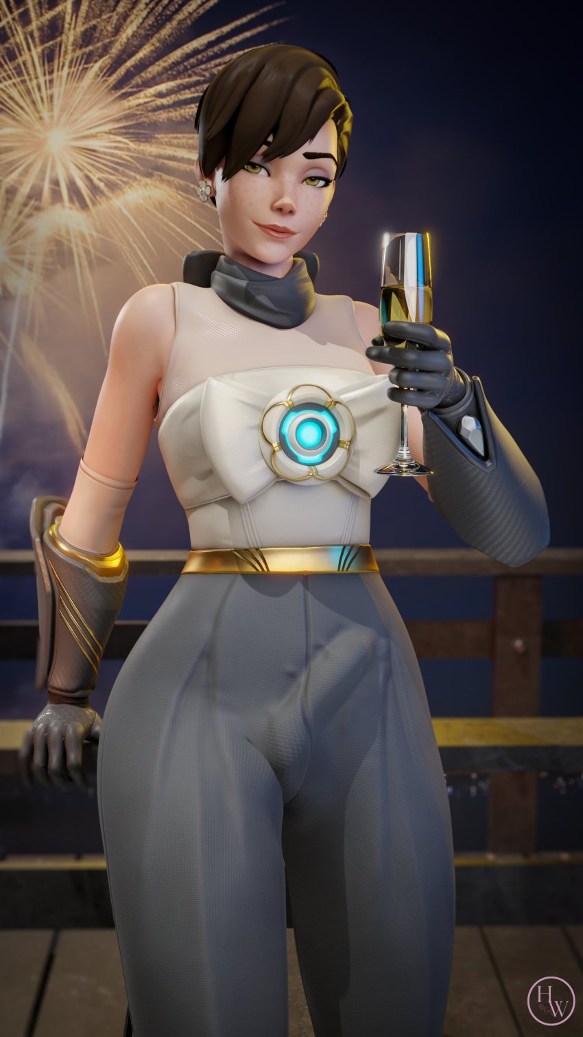 3d 3d_(artwork) bulge bulge_through_clothing futanari hornywitches3d overwatch penis_outline short_hair solo tracer