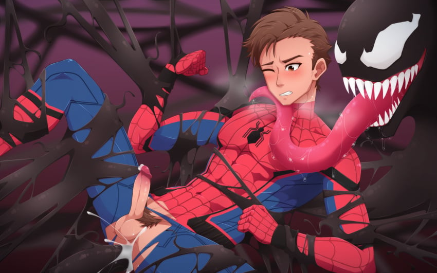 2boys bodysuit bound dominant_male forced_anal goo_creature long_tongue peter_parker spider-man torn_bodysuit venom_(marvel) yaoi