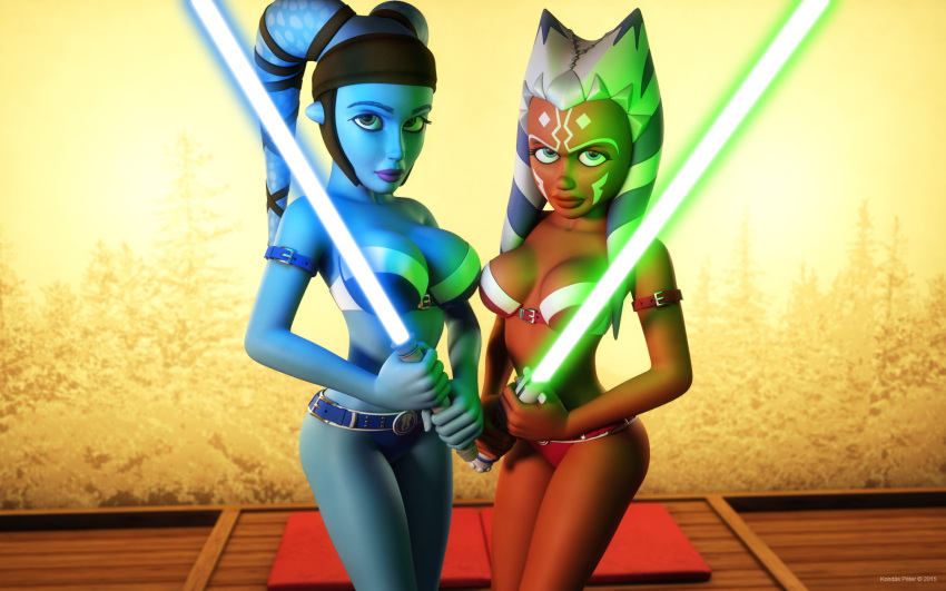 2015 2girls 3d aayla_secura ahsoka_tano alien alien_girl artist_name bald bare_shoulders belt big_breasts bikini bikini_bottom bikini_top blue_eyes blue_lightsaber blue_skin busty cleavage clone_wars curvy detailed_background duo eyelashes female female_only freckles front_view green_eyes green_lightsaber headgear holding_object hourglass_figure humanoid indoors inside jedi jedi_master jedi_padawan kondaspeter lightsaber looking_at_viewer mammal midriff multiple_females multiple_girls orange_skin pillow pose posing purple_lips room shadow shiny shiny_skin standing star_wars swimsuit thong togruta twi'lek voluptuous weapon wide_hips yellow_eyes