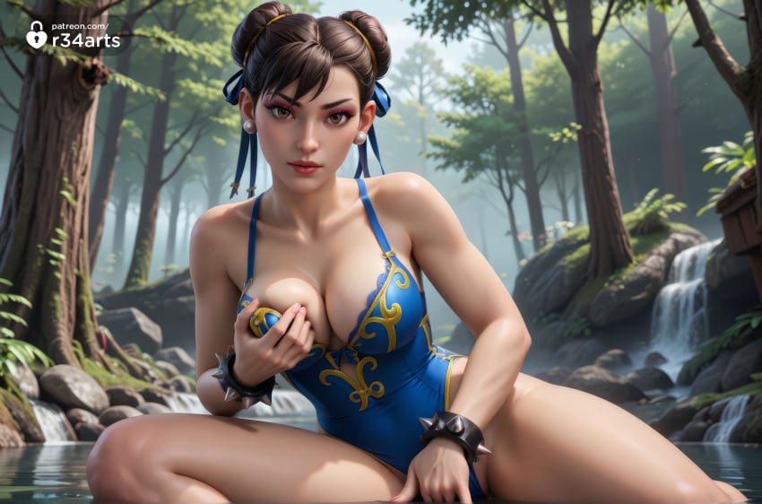 1girls ai_generated artist_name bare_legs bare_shoulders blue_nails bracelet breasts brown_eyes brown_hair chun-li cleavage collarbone day double_bun earrings eyeshadow female_masturbation fingernails forest grabbing_own_breast hair_bun hair_ribbon hi_res highleg jewelry large_breasts leotard lips lipstick looking_at_viewer makeup mascara masturbation mole nail_polish nature nose one-piece_swimsuit outdoors r34arts ribbon sitting solo spiked_bracelet spikes street_fighter street_fighter_6 swimsuit thighs tree twitter_logo water waterfall watermark